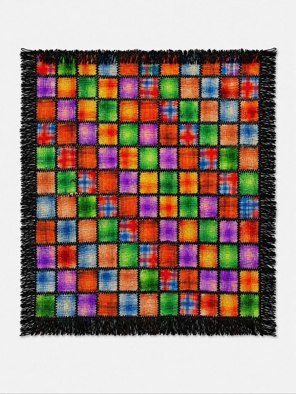 HANDMADE 1970s Rainbow Woven Knit Granny Square Patchwork Wall Throw